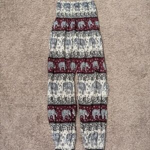 Women's boho style elephant pattern flowy Thai harem pants elastic smocked waist
